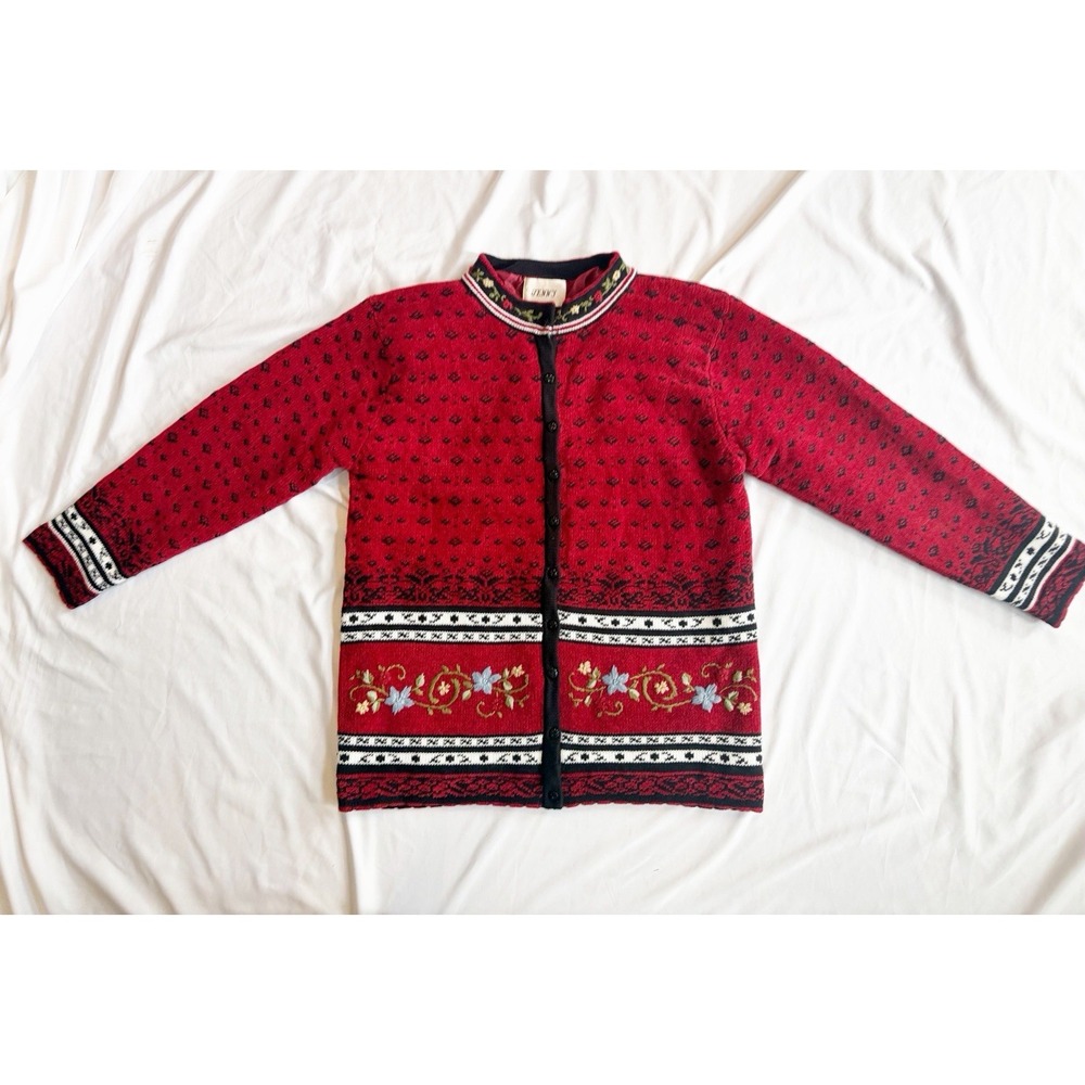 Vintage 90s cardigan sweater button down Large red black floral needlepoint